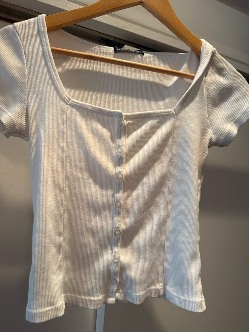 Brandy Melville White Ribbed Button-Front Square Neck Tee